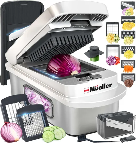 Mueller Pro-Series 10-en-1, Cortador Multifuncional de Verduras y Mandolina de 8 Cuchillas de Acero Inoxidable, Accesorios y Esenciales de Cocina,