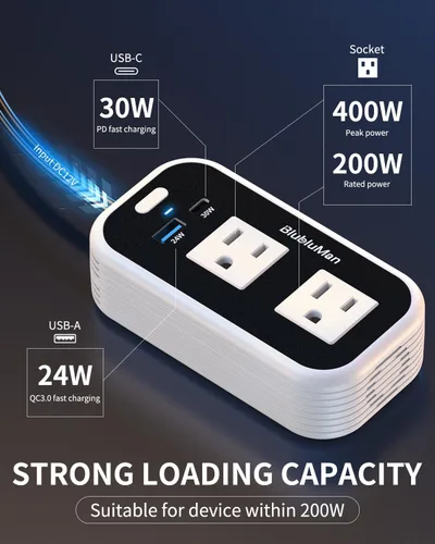 Miniatura 4 de Inversor de corriente para auto de 200 W, Blubluman CC 12 V a 110 V CA, adaptador de toma de enchufe para automóvil con cargador PD de 30 W