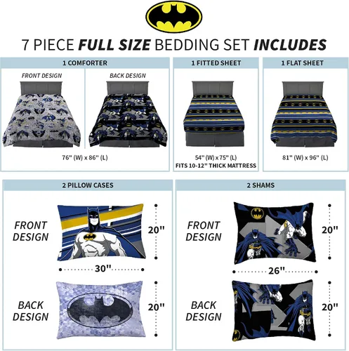 Miniatura 4 de Franco - Juego de ropa de cama para niños, edredón y sábanas supersuaves con funda, 7 piezas, tamaño matrimonial, Batman