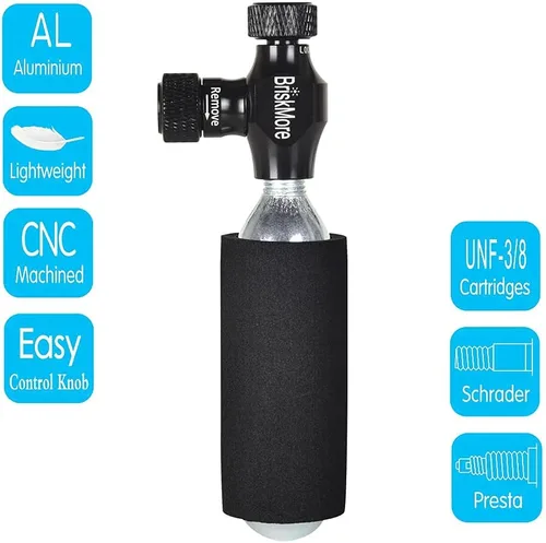 Miniatura 3 de Kits de Inflador CO2 BriskMore con Cartuchos de CO2 de 9X16g o 5 X 16g, Compatible con Válvulas Presta y Schrader, Bomba de CO2 para Neumáticos