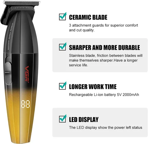 Miniatura 2 de VGR Cortadora de pelo profesional 906 Fresh Fade, 9000 rpm sin huecos para hombres, cortadora de pelo inalámbrica DLC T-Blade para barberos