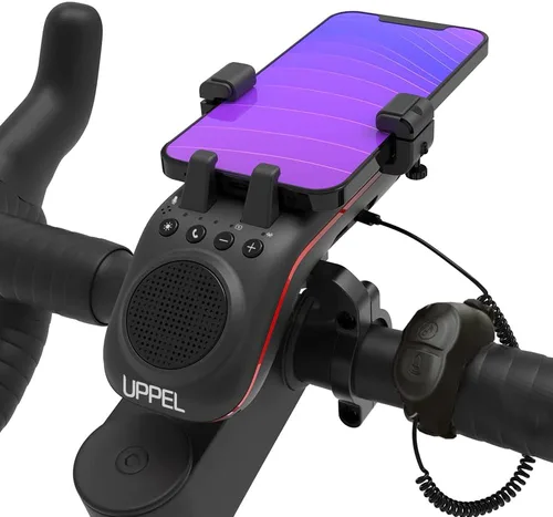 UPPEL Altavoz Bluetooth para bicicleta, soporte multifuncional para teléfono de bicicleta 10 en 1, luz LED, bocina de bicicleta, micrófono, ideal