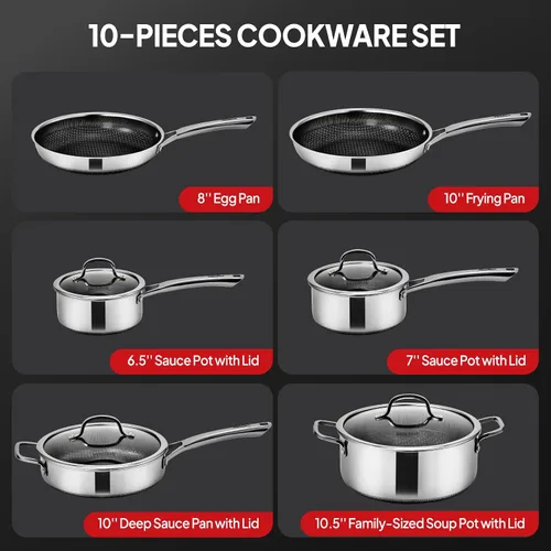 Miniatura 2 de ROVSUN Juego de 10 utensilios de cocina antiadherentes, juego de ollas y sartenes de acero inoxidable con tapas, juego de cocina no tóxico, sartén