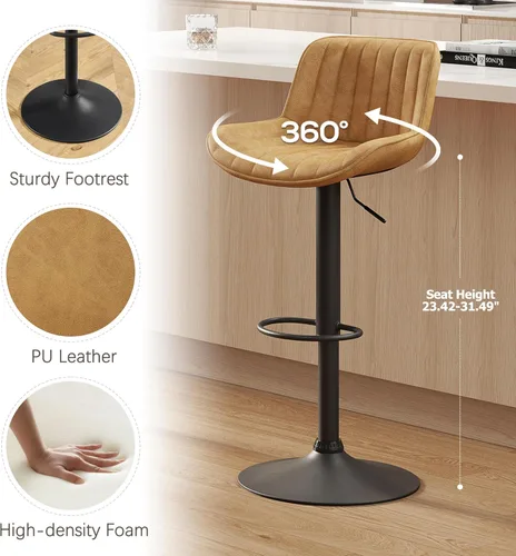 Miniatura 3 de Fat Ant Juego de 2 taburetes de bar ajustables de piel sintética, sillas de bar giratorias con respaldo, taburete de isla de cocina moderno tapizado