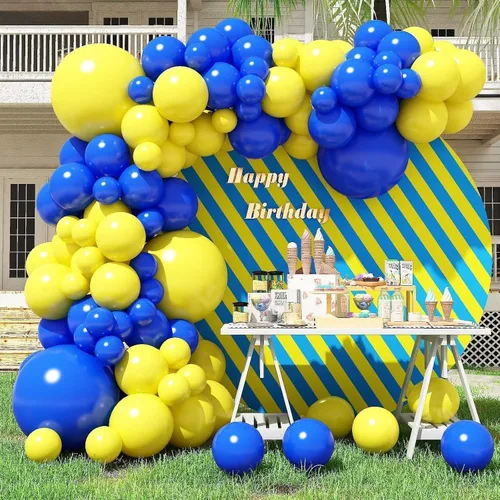 Miniatura 7 de Kit de guirnalda de globos azul rey y amarillo, kit de arco de globos azul rey y amarillo de 100 piezas con globos de diferentes tamaños de Azul