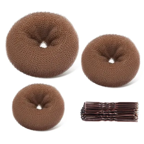 Miniatura 8 de TsMADDTs Máquina para hacer moños de pelo en forma de dona, 3 piezas, color marrón oscuro, estilo anillo, con 20 horquillas en forma de U para bailar