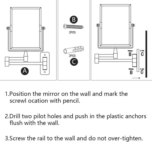 Miniatura 8 de QiMH Espejo de maquillaje de pared con aumento 3X Rectangular 8 x 6 pulgadas con brazo extensible Espejo giratorio de doble cara con acabado