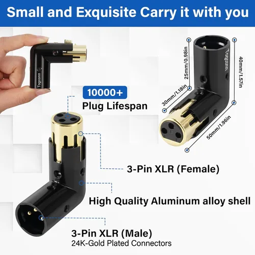 Miniatura 2 de Adaptador XLR ajustable de 3 pines en ángulo recto, paquete de 4 – conector de metal resistente chapado en oro de 90 grados macho a hembra, extensor