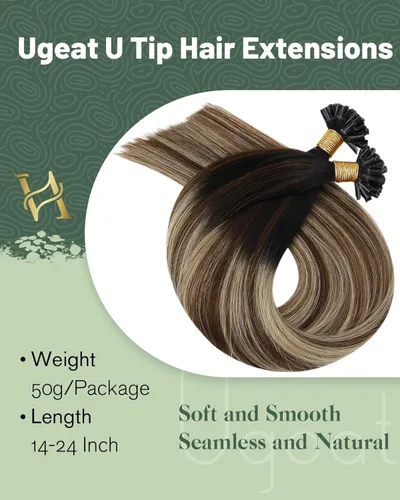 Miniatura 3 de Ugeat - Extensiones de cabello humano con punta en U de 22 pulgadas, estilo balayage, de color marrón natural con mezcla de negro a marrón oscuro