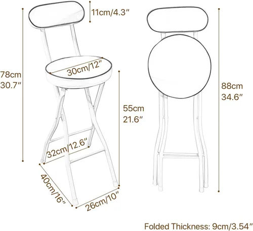 Miniatura 2 de Taburete de bar plegable con respaldo, taburetes de bar de piel sintética, taburetes redondos para mostrador de cocina, silla de comedor, taburete