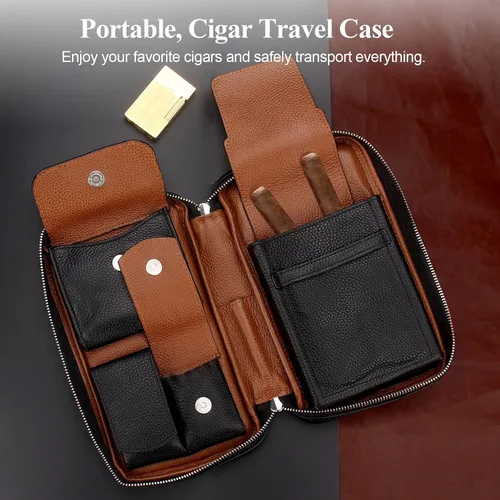 Miniatura 5 de FIREDOG Bolsa de cigarros, de cuero genuino, portátil, caja de cigarros para el día del padre, hombres, marido (capacidad para 5-6 puros, negro)