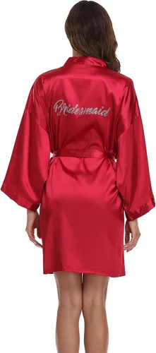 Miniatura 66 de Bata de boda para mujer, para novia, dama de honor, corta, de satén, kimono, batas de seda para prepararse, fiesta nupcial