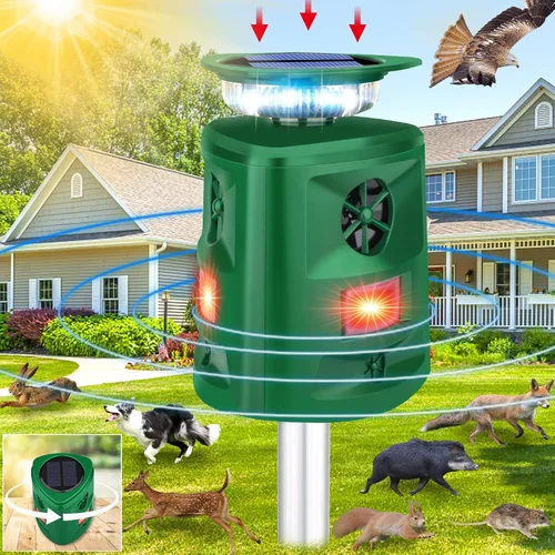 Repelente solar ultrasónico de ciervos de ardilla, repelente de gatos al aire libre, repelente solar de animales de 360 ° con detección de