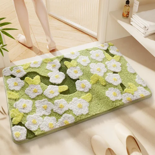 Alfombra de baño floral de secado rápido, lavable a máquina y antideslizante, para fregadero, dormitorio y ducha (30 x 17 pulgadas, flores pequeñas)