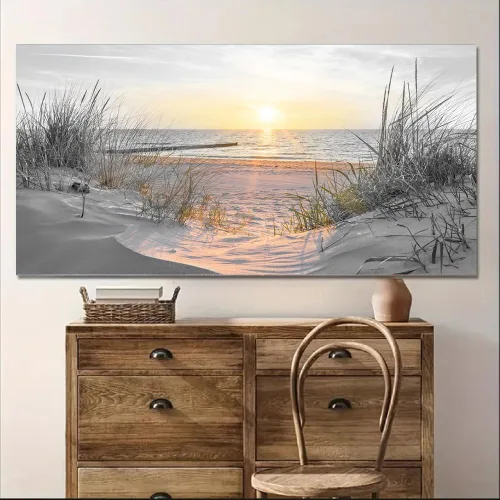 Miniatura 2 de Yxbhhym - Arte de pared en blanco y negro con temática de puesta de sol en la playa, decoración costera para la habitación, imagen del océano