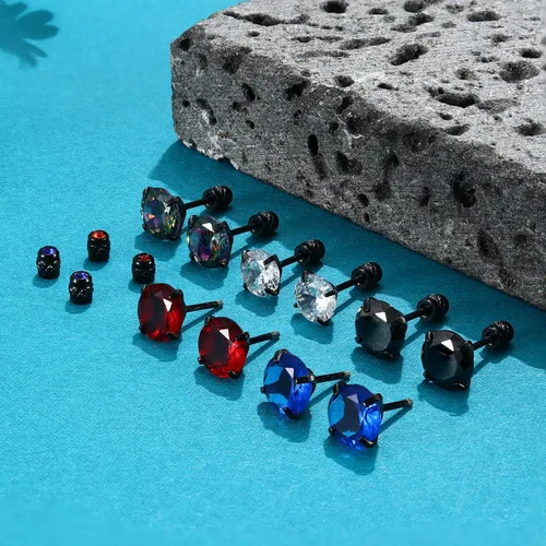 Miniatura 15 de CASSIECA 5 pares de aretes de acero inoxidable con circonita cúbica 5A arcoíris para mujeres y hombres, con diseño de arco iris 5A
