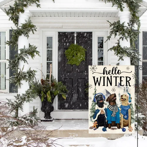 Miniatura 3 de AVOIN colorlife Bandera de Jardín Hello Winter Dog de 12x18 Pulgadas Doble Cara para Exterior, Bandera de Patio Exterior Rústica Estacional con Copo