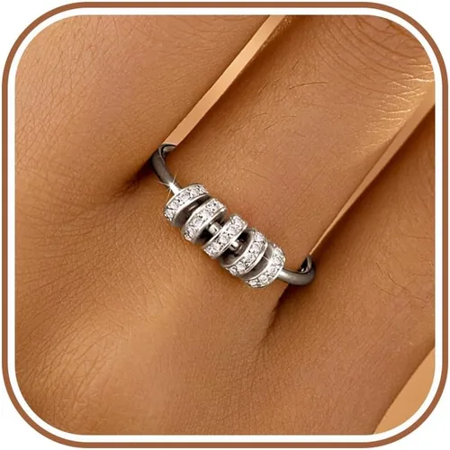 LOVECOM Anillo giratorio de plata de ley S925 antiansiedad, cuentas de circonita cúbica, anillos giratorios para mujeres, delicados anillos chapados