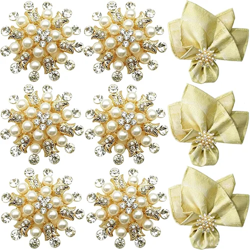 Juego de 6 servilleteros de flores doradas, con diamantes de imitación dorados, para bodas, cenas, fiestas, decoración navideña de vacaciones, 6