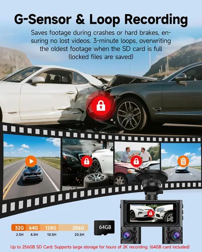 Miniatura 5 de Cámara de tablero de 360° frontal y trasera en el interior, cámara de tablero de 4 canales para automóviles FHD 1080Px4, Wi-Fi integrado, pantalla