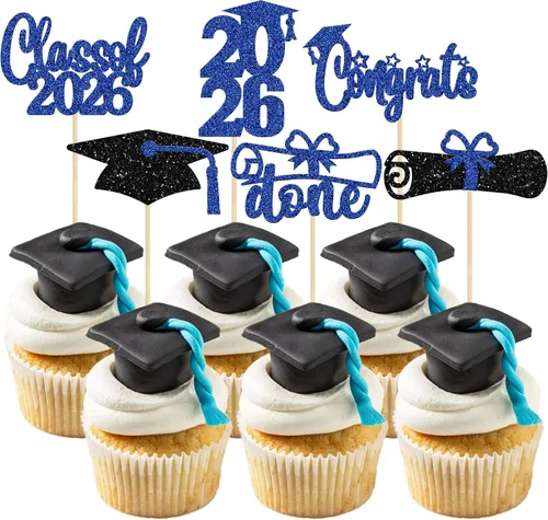Miniatura 19 de Paquete de 24 adornos para cupcakes de clase 2026 con purpurina 2026 Felicidades Graduación Diploma Done Cupcake Picks 2026 Graduación Temática
