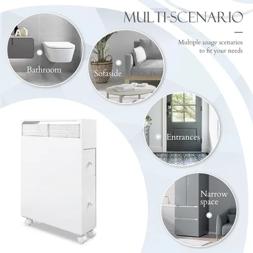 Miniatura 4 de MASAKA B&W Armario de almacenamiento de baño móvil con 2 cajones y estante, almacenamiento de papel higiénico, estantes de esquina