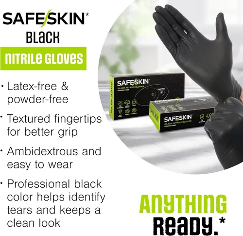 Miniatura 5 de SAFESKIN Guantes desechables de nitrilo negro, sin polvo, sin látex, tatuaje, preparación de alimentos, 3.5 mil