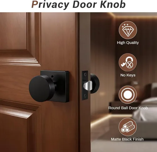 Miniatura 2 de Knobonly Paquete de 6 pomos de puerta negros para dormitorio y baño, pomos de puerta de privacidad interiores con cerradura, pomos de puerta