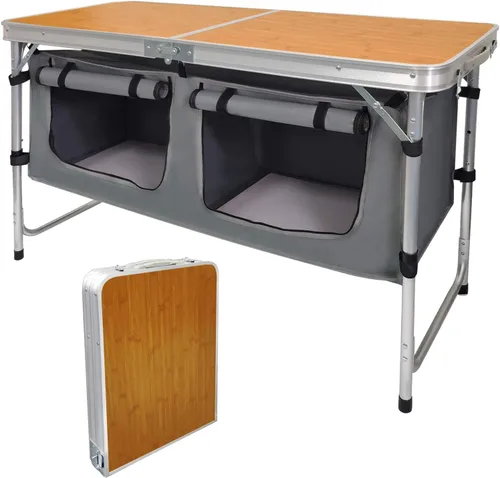 Mesa de campamento plegable con almacenamiento, mesas de camping ligeras, portátil, para interiores y exteriores, mesa plegable de altura ajustable,