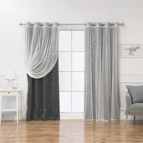 Miniatura 30 de Best Home Fashion Par de cortinas opacas con revestimiento de tul y corte láser, paneles de ventana con ojales plateados para dormitorio, habitación