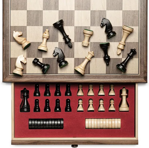 A&A Juego de ajedrez de madera de nogal de 15 pulgadas con cajón de almacenamiento, piezas triple ponderadas, altura del rey de 3.0 pulgadas,