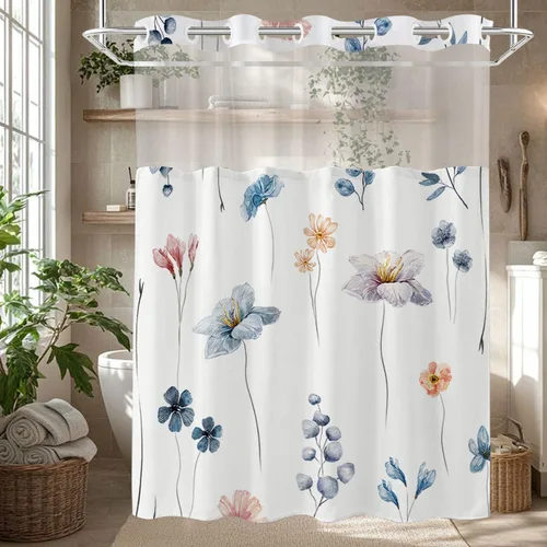 Miniatura 6 de Juego de cortina de ducha sin gancho y forro, cortinas de ducha florales azules de acuarela para baño, juegos de cortinas de baño de hotel moderno