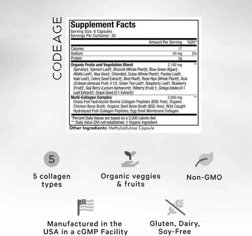 Miniatura 2 de Codeage Proteína de colágeno múltiple + suplemento de cápsulas orgánicas de superalimentos de verduras crudas, 21 frutas y verduras, péptidos