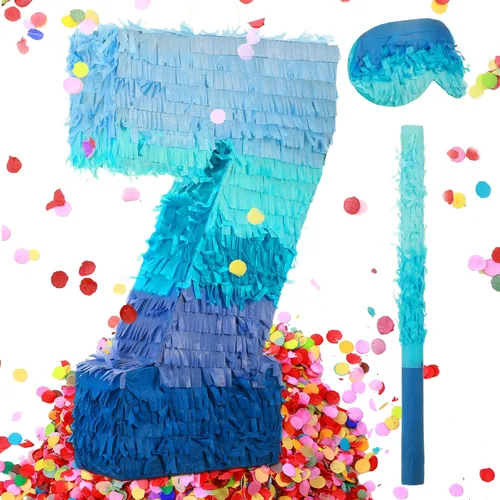 Miniatura 12 de Sratte Piñata número 1 2 3 4 5 6 7 8 9 Piñata con palo para los ojos vendados, piñata azul degradado para niños y niñas, suministros de decoración