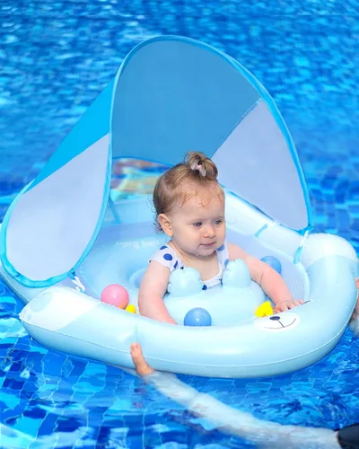 Miniatura 8 de Flotador doble con asiento de seguridad ajustable, toldo UPF 50+ extraíble solar, flotador inflable estilo animal, flotador de natación durante 6-36