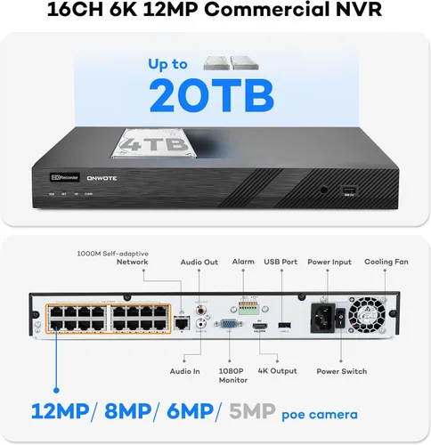 Miniatura 3 de ONWOTE Sistema de cámara de seguridad PoE NVR de 16 canales, 12MP 4K 16CH NVR comercial de 4 TB, 16 cámaras IP de 122° con cable de 5MP