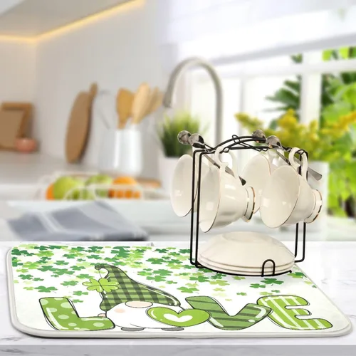 Miniatura 5 de Tapete de secado de platos de gnomos del día de San Patricio para encimera de cocina, tréboles, tapete de secado de microfibra, absorbente