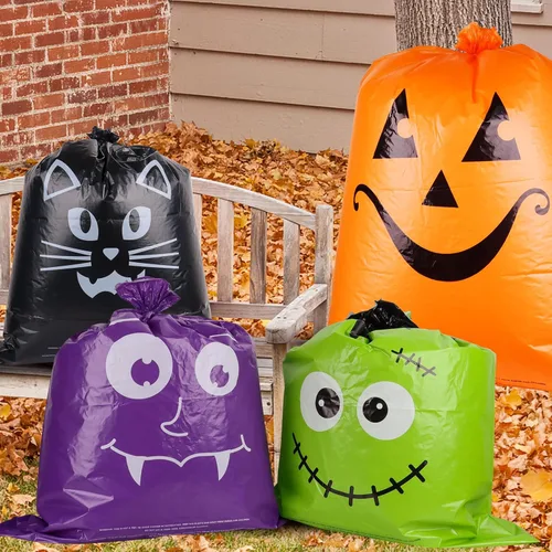 Miniatura 9 de Paquete de 12 bolsas de basura de plástico resistentes con lazos giratorios, 6 diseños de bolsas de basura grandes de calabaza para jardín, césped