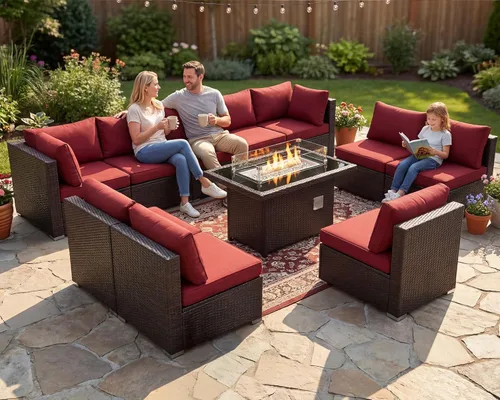 Miniatura 15 de BULEXYARD Juego de muebles de patio de respaldo alto de 7 piezas con mesa de fogata de combustible dual propano/gas natural, sofá seccional
