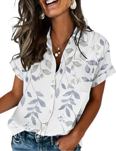 Miniatura 11 de Zeagoo Camisa de manga corta con botones para mujer, cuello en V, elegante, casual, para negocios, trabajo, con bolsillo, S-XXL
