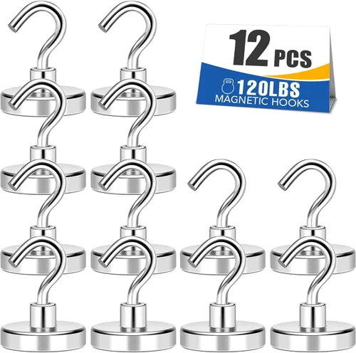 Miniatura 9 de MIKEDE Ganchos magnéticos negros resistentes de 30 libras, imanes fuertes con ganchos de metal para soportes colgantes al aire libre, 6 ganchos