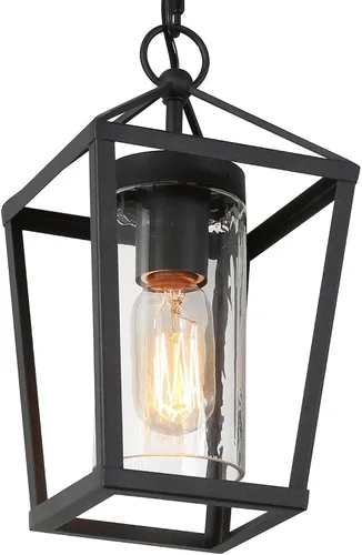 Miniatura 9 de classy leaves Lámpara colgante al aire libre para porche, luz colgante negra con vidrio transparente, moderna jaula de metal de granja, cadena