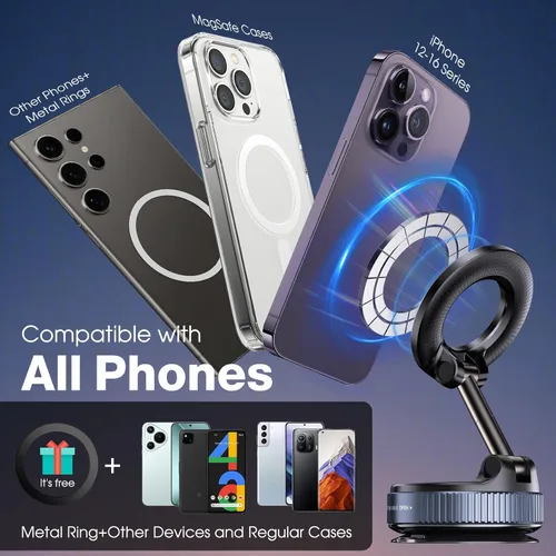 Miniatura 6 de Soporte magnético de teléfono giratorio de 360°, plegable y retráctil con ventosa para automóvil, gimnasio, espejo, superficie lisa, compatible