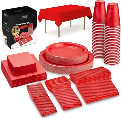 Miniatura 8 de Juego de suministros negros para fiestas, platos de papel, vasos de plástico, tenedores, cuchillos, cucharas, servilletas, mantel para 20 invitados