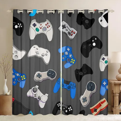 Miniatura 22 de Manfei Cortinas opacas negras de panal de abeja con luces de neón azul real, tratamientos de ventana con estampado geométrico hexagonal, decoración