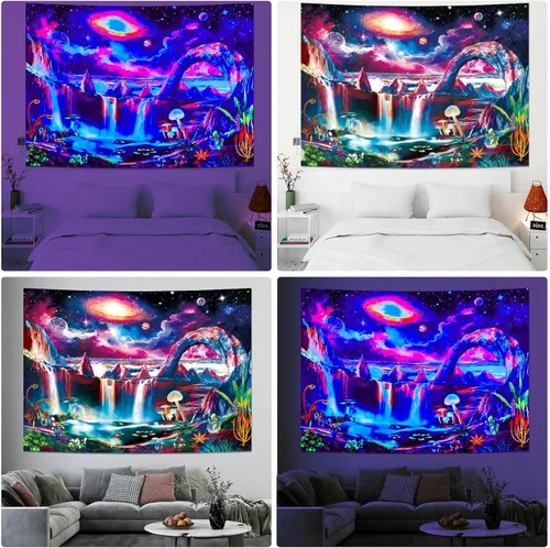 Miniatura 7 de Tapiz de luz negra, galaxia y planeta, tapiz reactivo a los rayos UV, tapiz de cascada de montaña para dormitorio, estético, ola misteriosa, lago