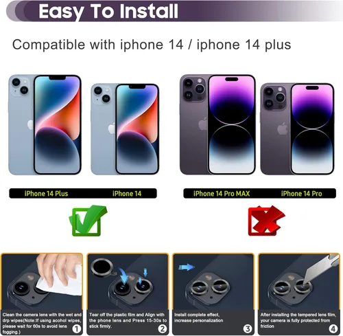 Miniatura 2 de Suoman Protector de lente de cámara para iPhone 14 de 6.1 pulgadas, protector de lente de cámara de 6.7 pulgadas, película de vidrio templado 9H