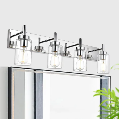 Miniatura 3 de Iluminación moderna de baño con pantalla de vidrio transparente, 4 luces para tocador, lámpara de pared industrial con acabado en cromo, apliques