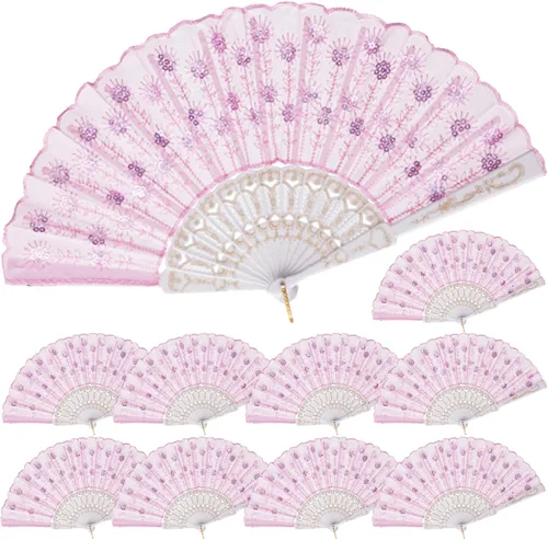 Miniatura 8 de QIRMIZI Paquete de 10 ventiladores plegables de tela, perfectos para bodas, fiestas y bailes, color rosa oscuro