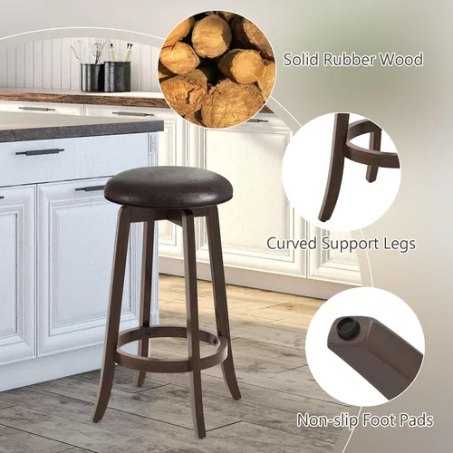 Miniatura 6 de COSTWAY Juego de 2 taburetes de bar giratorios de 29 pulgadas, taburetes de bar tapizados con asiento de piel sintética y patas de madera de goma